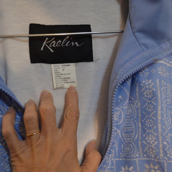 KAELIN Long Sleeves Blue White Prints Jacket Front Zip Pockets Inner Lining M - Picture 2 of 7